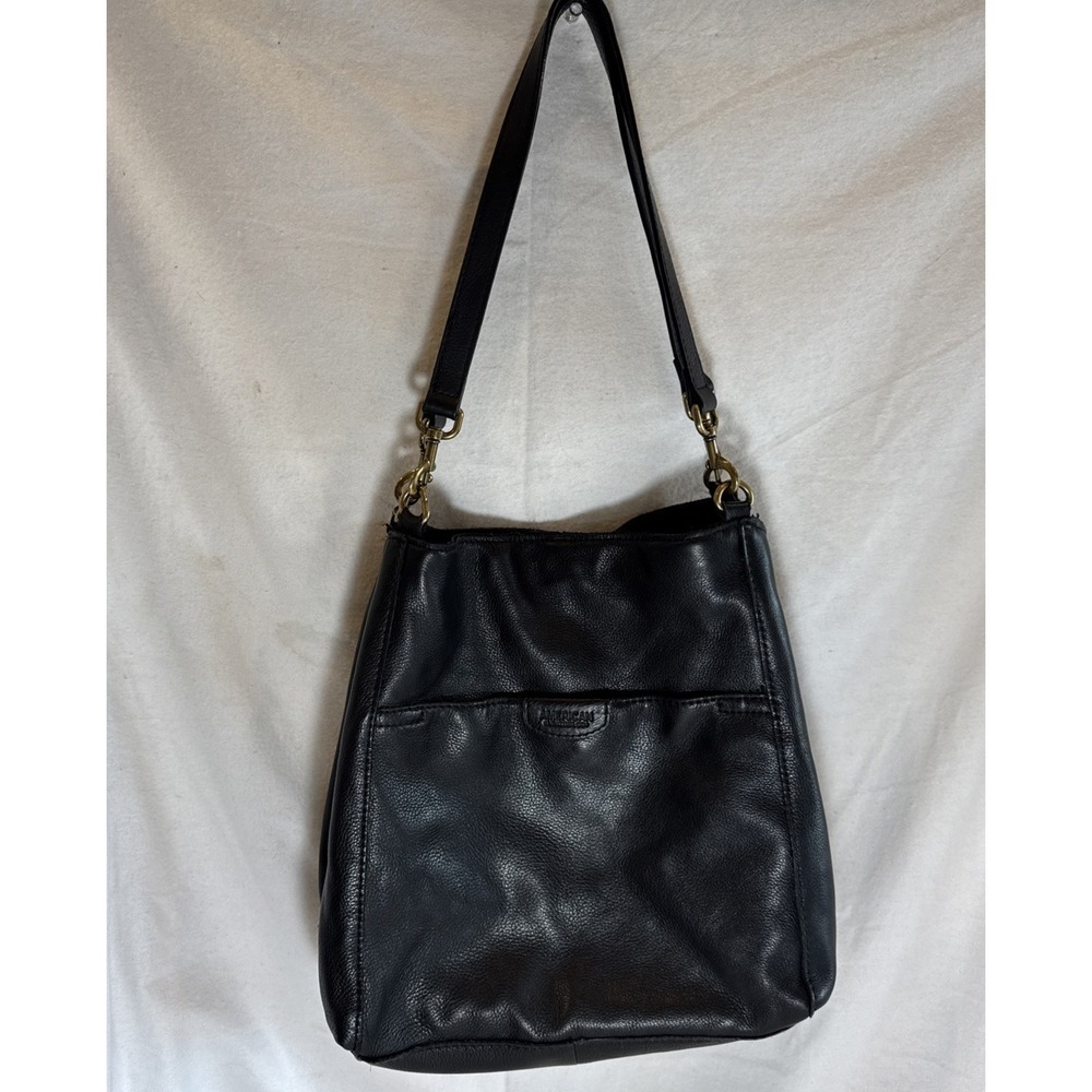 American Leather Co Soft Leather Shoulder Bag Purse Black Hobo Tote Brass Snaps